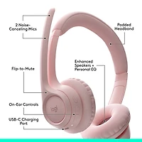 Casque d'écoute sans fil Bluetooth Zone 300 avec microphone à suppression du bruit de Logitech - Rose