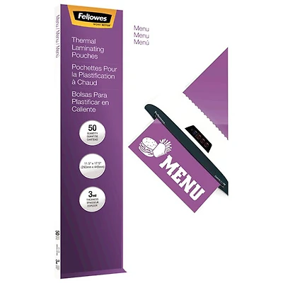 Pochettes de plastification à chaud de 11,5 x 17,5 po de Fellowes - 3 mil - Paquet de 50