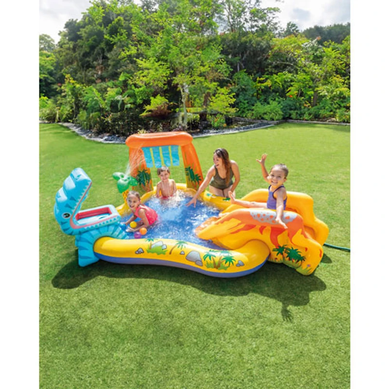 Parc gonflable en forme de dinosaure avec jet d'eau, glissoire et cascade d'Intex