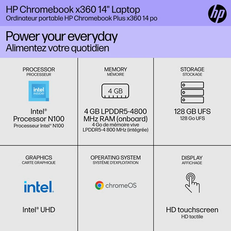 Chromebook de 14 po x360 de HP avec 3 mois de forfait Google AI Pro - Argent glacier (N100 série N d'Intel/128 Go/RAM 4 Go/ChromeOS)