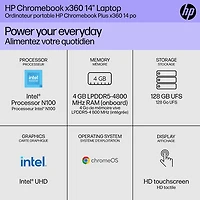 Chromebook de 14 po x360 de HP avec 3 mois de forfait Google AI Pro - Argent glacier (N100 série N d'Intel/128 Go/RAM 4 Go/ChromeOS)