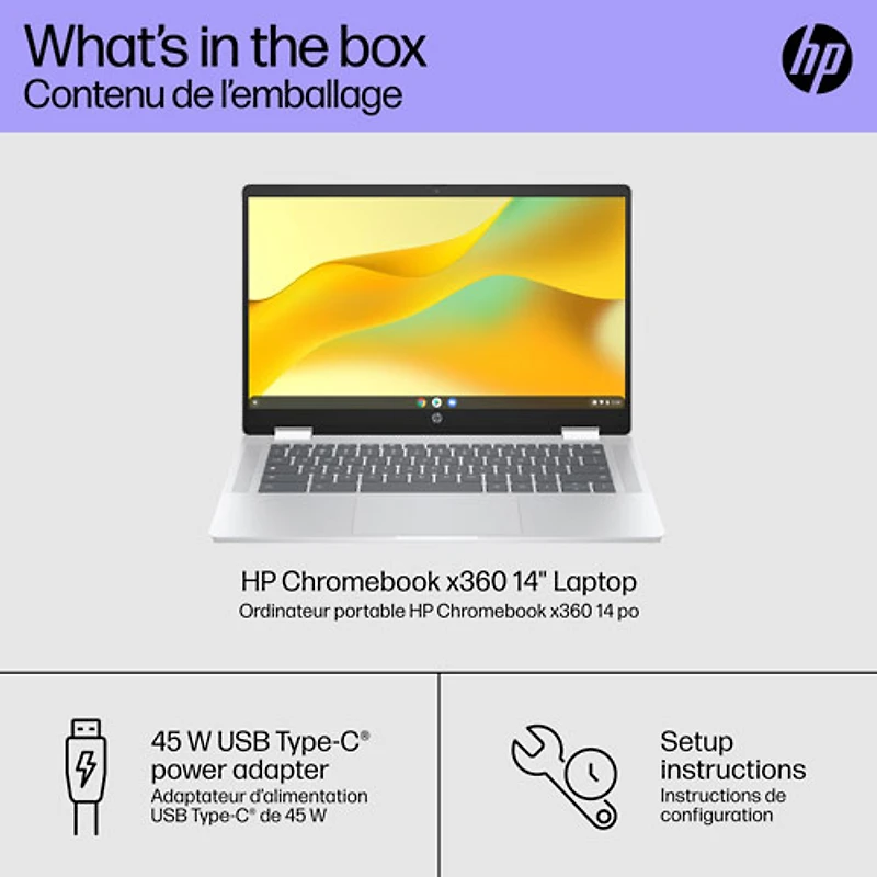 Chromebook de 14 po x360 de HP avec 3 mois de forfait Google AI Pro - Argent glacier (N100 série N d'Intel/128 Go/RAM 4 Go/ChromeOS)