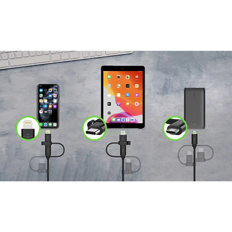 Belkin 3-In-1 1m (3.3ft) USB-A to MicroUSB Cable with USB-C/Lightning Adapters (CAC001bt1MBK) - Black