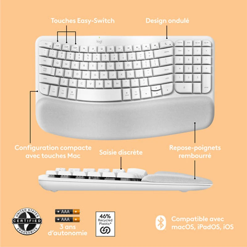 Logitech Wave Keys Wireless Ergonomic Full-Size Keyboard for Mac - Off-White
