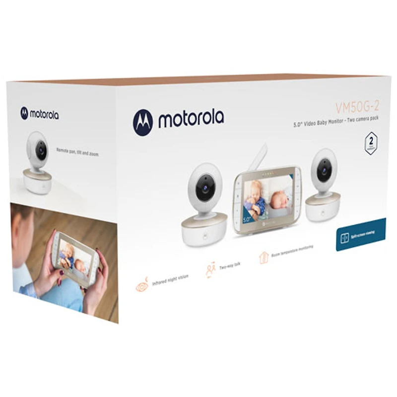 Motorola 5" Video Baby Monitor with Remote Pan, Night Vision and Zoom/Pan/Tilt (VM50G-2) - Double Camera - White/Gold
