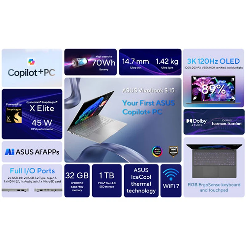 Portable VivoBook S 15 DELO de 15,6 po d'ASUS (Snapdragon X Elite/RAM 32 Go/SSD 1 To) - Argenté