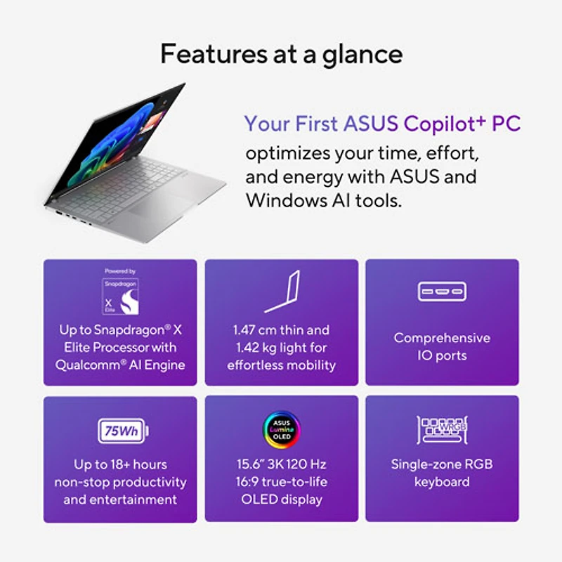 Portable VivoBook S 15 Copilot+ PC DELO de 15,6 po d'ASUS (Snapdragon X Plus/RAM 16 Go/SSD 512 Go)