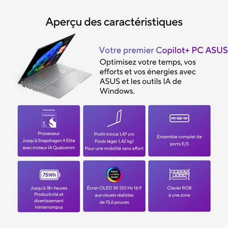 Portable VivoBook S 15 Copilot+ PC DELO de 15,6 po d'ASUS (Snapdragon X Plus/RAM 16 Go/SSD 512 Go)