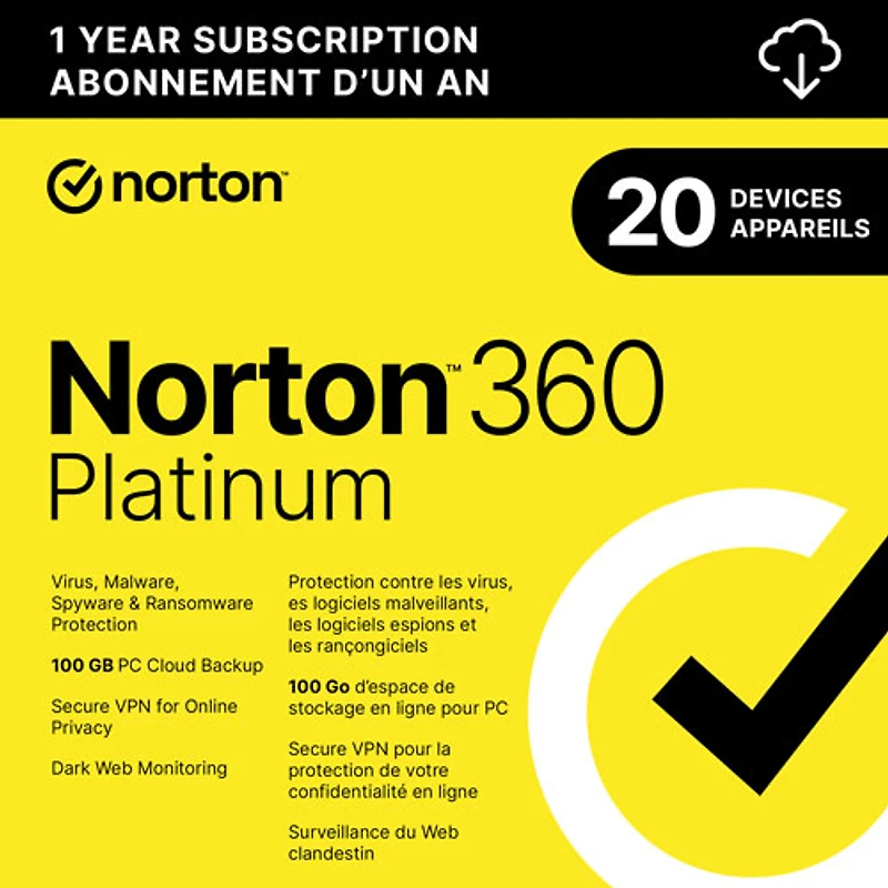 Norton 360 Platinum (PC/Mac/iOS/Android) - 20 appareils - Stockage infonuagique de 100 Go - 1 an - Téléchargement numérique
