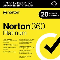 Norton 360 Platinum (PC/Mac/iOS/Android) - 20 appareils - Stockage infonuagique de 100 Go - 1 an - Téléchargement numérique
