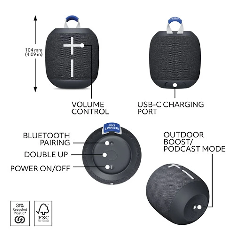 Ultimate Ears WONDERBOOM 4 Waterproof Bluetooth Wireless Speaker - Active Black