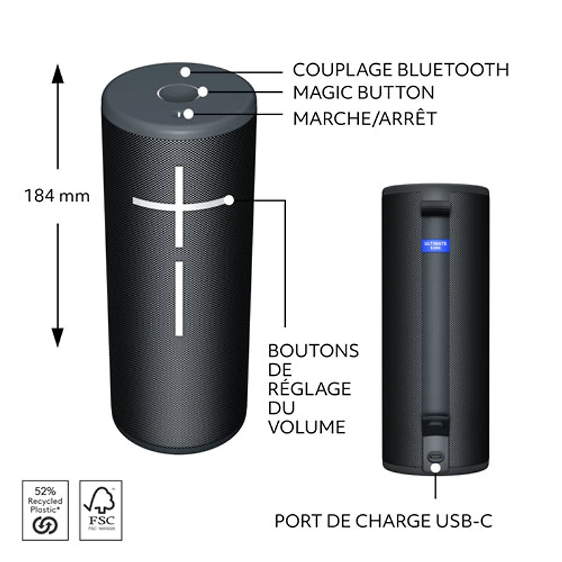 Haut-parleur sans fil Bluetooth étanche BOOM 4 d'Ultimate Ears - Noir actif
