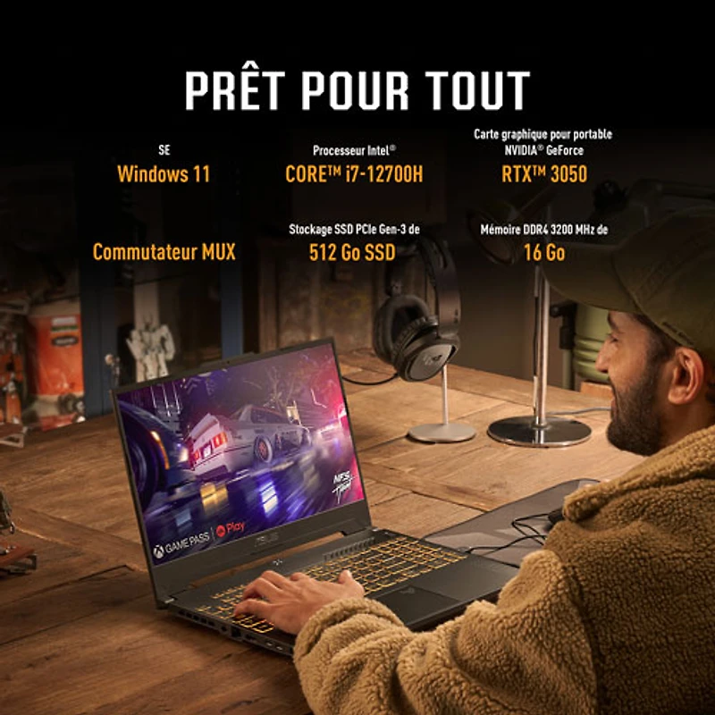 Portable de jeu 15,6 po TUF Gaming F15 d'ASUS - Gris (Ci7-12700H Intel/RAM 16 Go/SSD 512 Go/GeForce RTX 3050) - Anglais