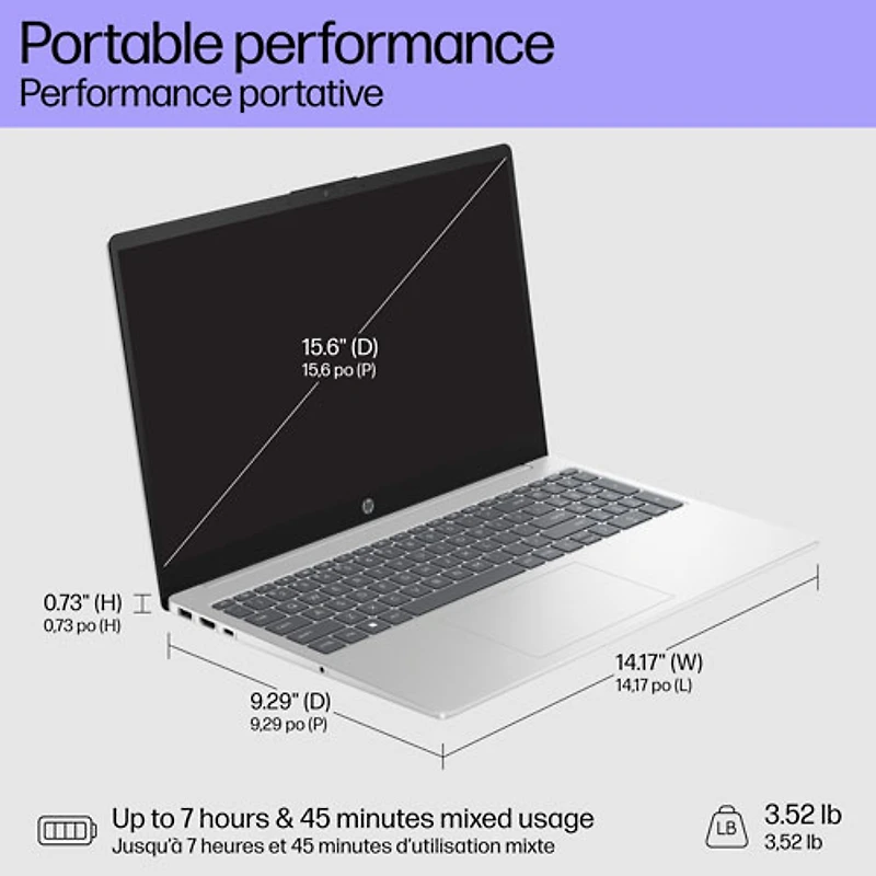 Portable de 15,6 po de HP - Argenté naturel (Core i7 1255U d'Intel/RAM 16 Go/SSD 1 To/Windows 11)