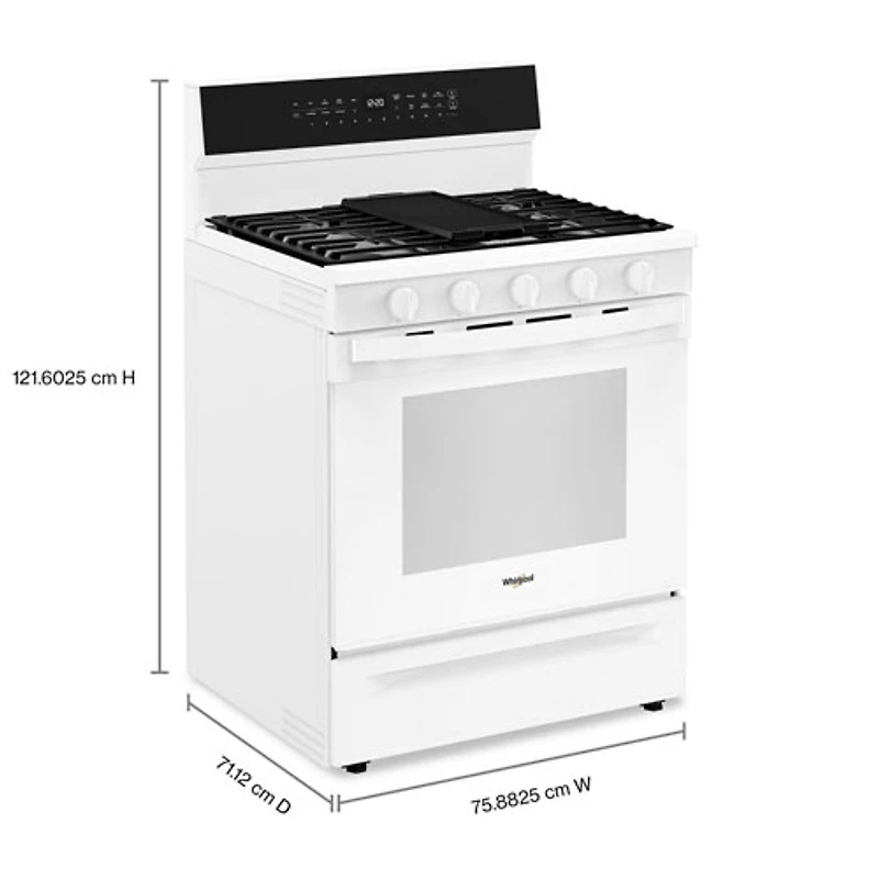 Cuisinière au gaz autonome de 30 po à 5 brûleurs avec four à convection véritable de 5,0 pi³ de Whirlpool (WFGS7530RW) - Blanc