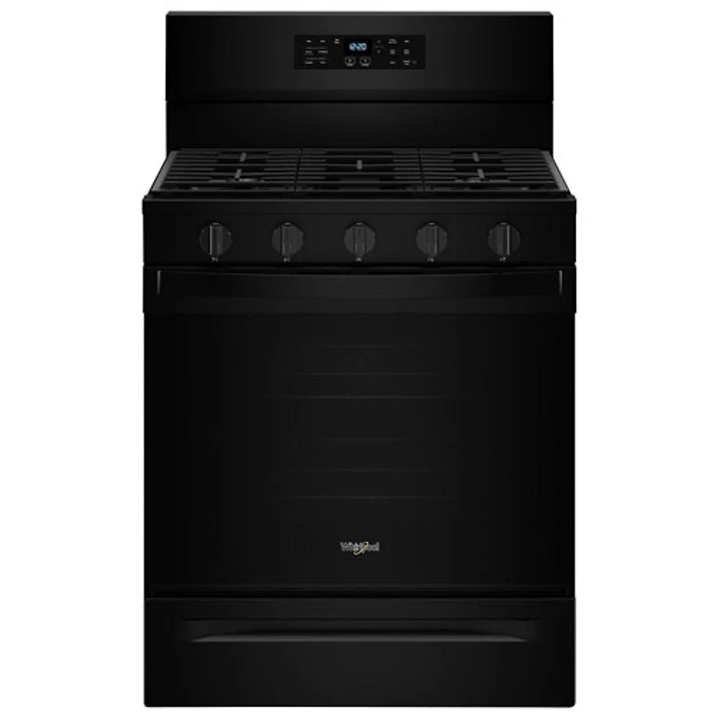 Cuisinière au gaz autonome 30 po avec 5 brûleurs, ventilateur à convection, friture à air chaud et four de 5 pi³ de Whirlpool (WFGS5030RB) - Noir
