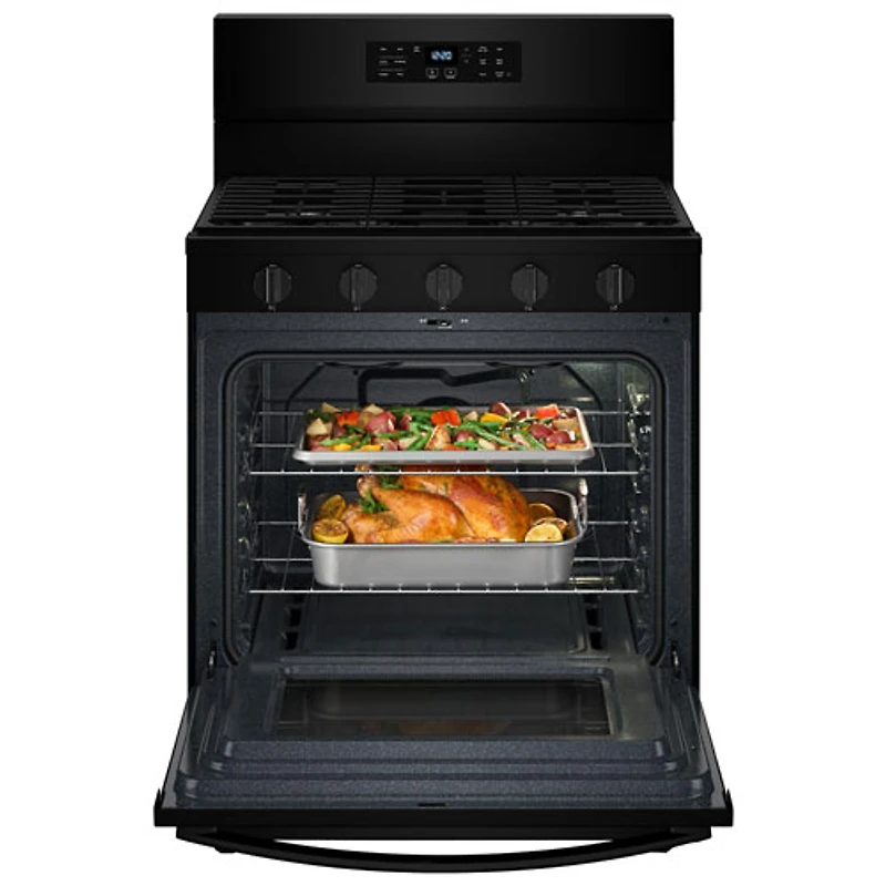 Cuisinière au gaz autonome 30 po avec 5 brûleurs, ventilateur à convection, friture à air chaud et four de 5 pi³ de Whirlpool (WFGS5030RB) - Noir