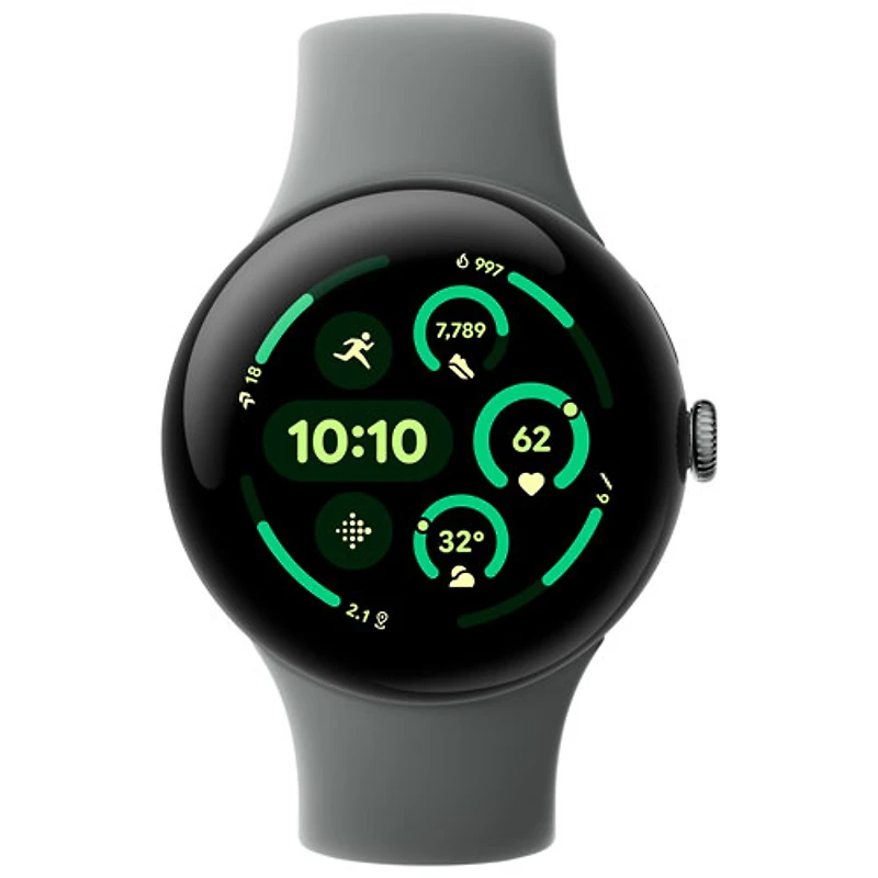Montre Pixel Watch 3 (LTE + GPS) 45 mm de Google avec boîtier en aluminium vert lichen mat et bracelet sport vert lichen