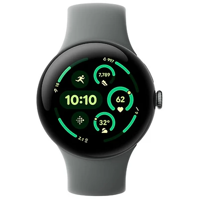 Montre Pixel Watch 3 (LTE + GPS) 45 mm de Google avec boîtier en aluminium vert lichen mat et bracelet sport vert lichen