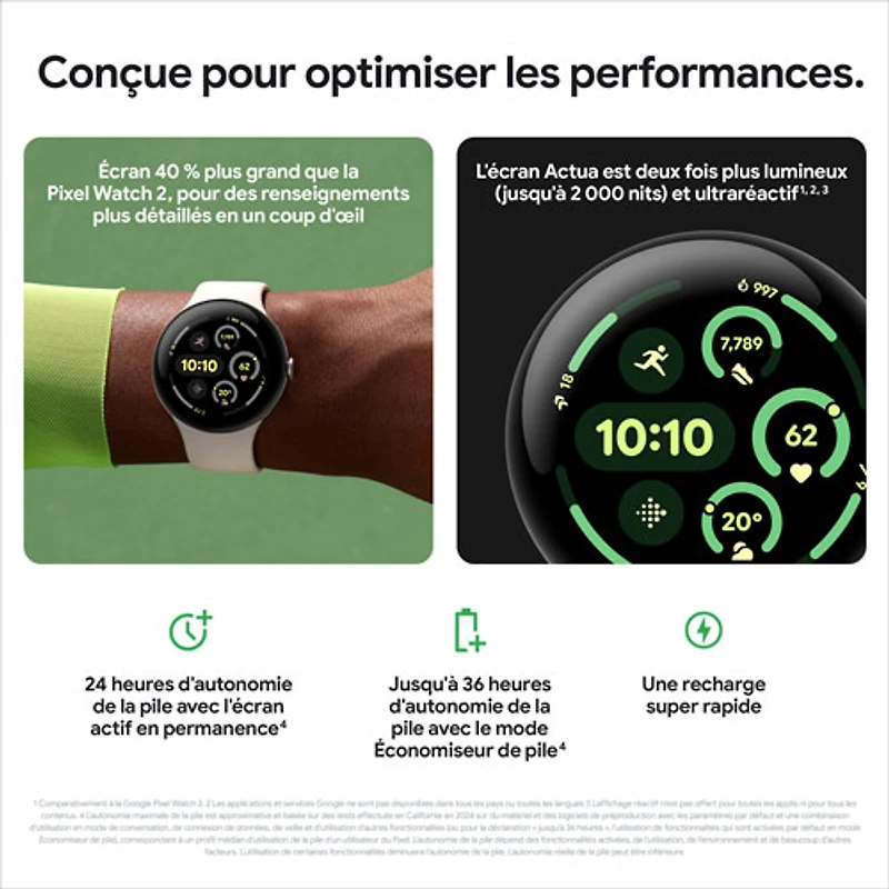 Montre Pixel Watch 3 (LTE + GPS) 45 mm de Google avec boîtier en aluminium vert lichen mat et bracelet sport vert lichen