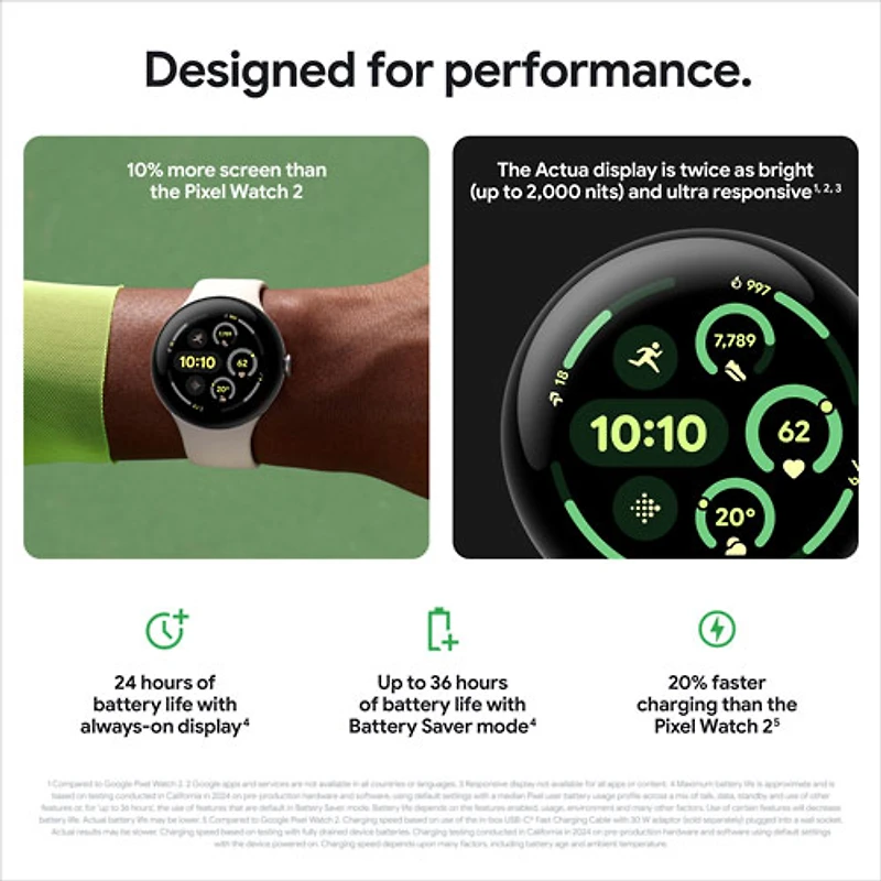 Montre Pixel Watch 3 (LTE + GPS) 41 mm de Google avec boîtier en aluminium argenté poli et bracelet de sport porcelaine