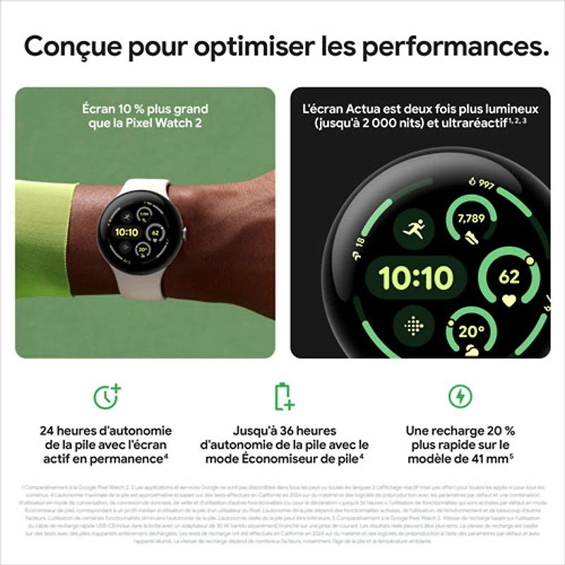 Montre Pixel Watch 3 (LTE + GPS) 41 mm de Google avec boîtier en aluminium argenté poli et bracelet de sport porcelaine