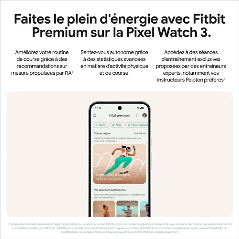 Montre Pixel Watch 3 (LTE + GPS) 41 mm de Google avec boîtier en aluminium argenté poli et bracelet de sport porcelaine