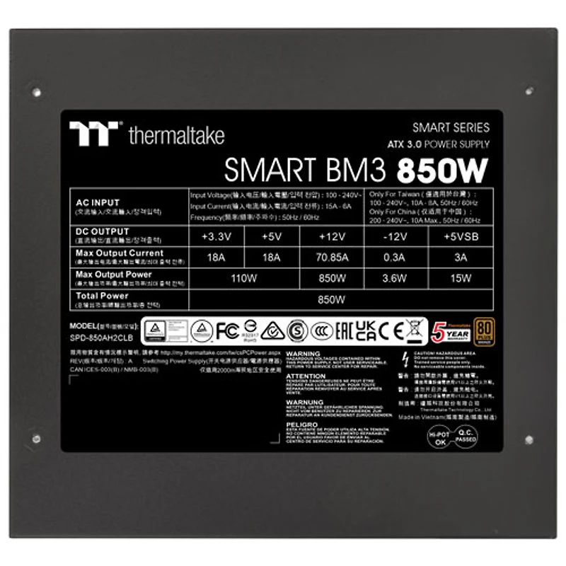 Bloc d'alimentation semi-modulaire ATX3.1 de 850 W Smart BM3 80 PLUS de Thermaltake