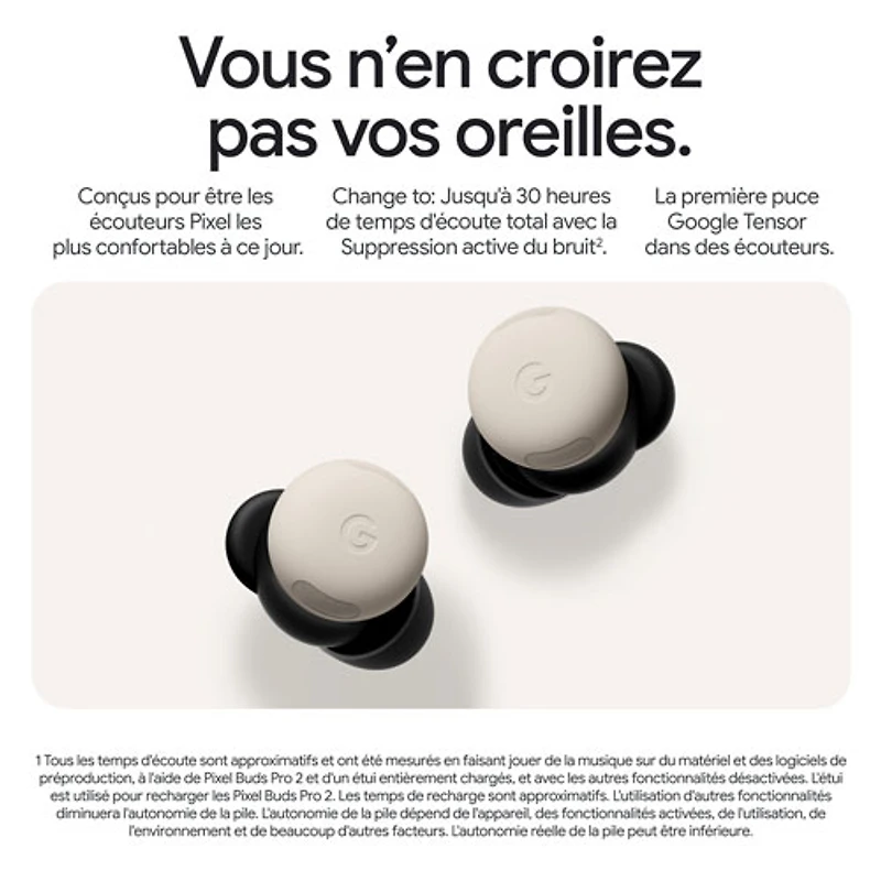 Écouteurs boutons 100 % sans fil à suppression du bruit Pixel Buds Pro 2 de Google - Porcelaine