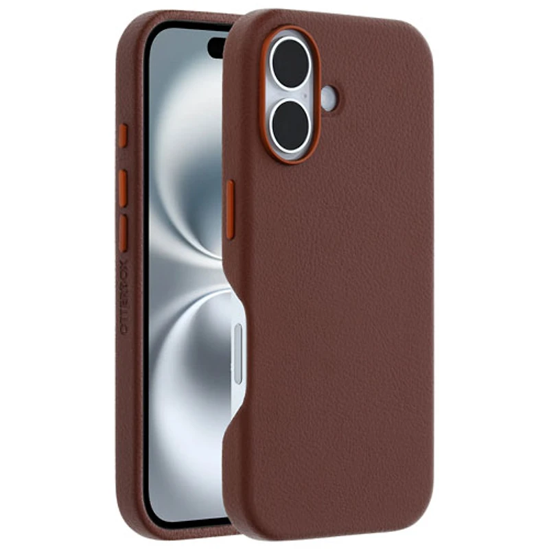 Étui rigide ajusté en cuir de cactus Symmetry d'OtterBox avec MagSafe pour iPhone 16 - Brun Rich Adobe