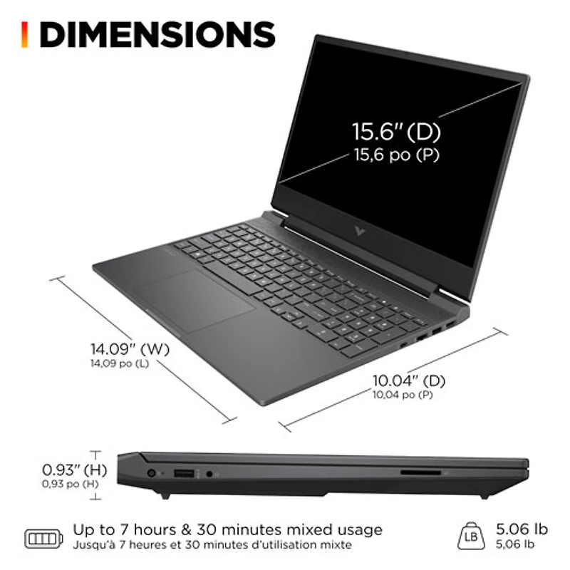Portable de jeu de 15,6 po Victus de HP - Argenté mica (Ryzen 5 8645HS d'AMD/RAM 8 Go/SSD 512 Go/GeForce RTX 2050)