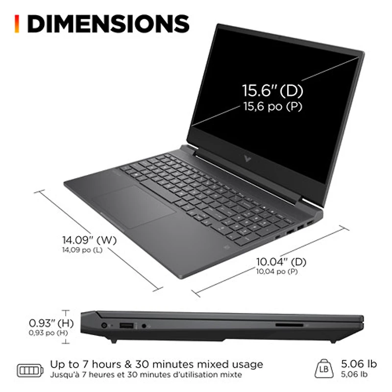Portable de jeu de 15,6 po Victus de HP - Argenté mica (Core i7-13620H d'Intel/RAM 16 Go/SSD 512 Go/GeForce RTX 3050)