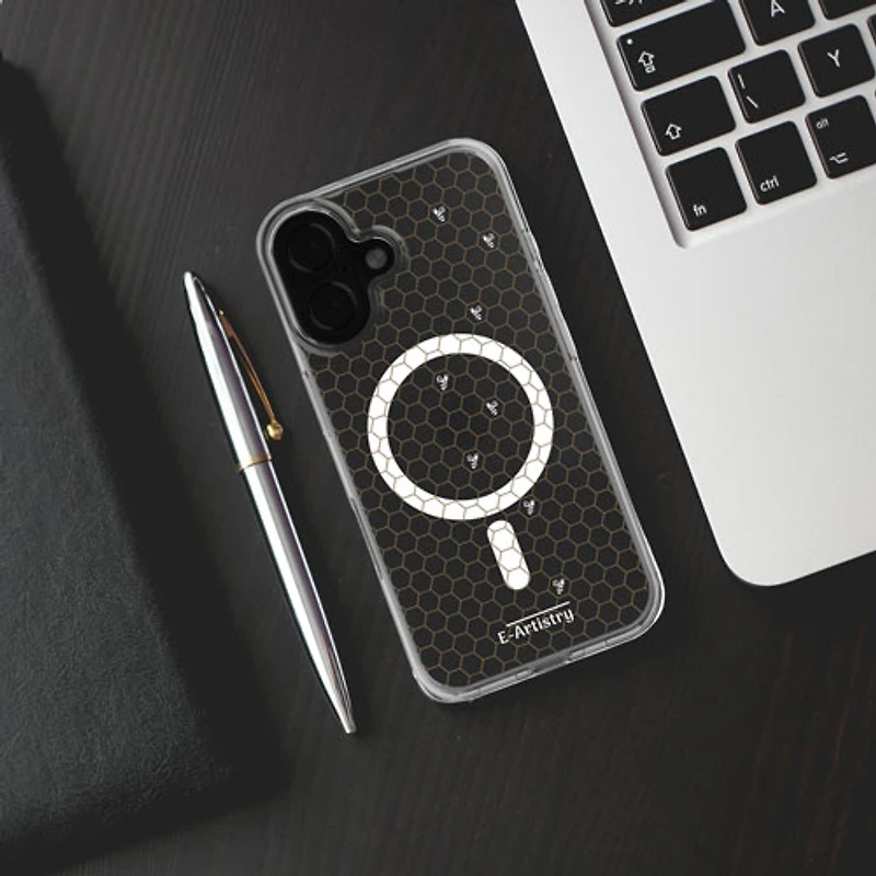 E-Artistry Signature Honeycomb Fitted Hard Shell Case w/ MagSafe for iPhone 16 - Clear- Gold/White