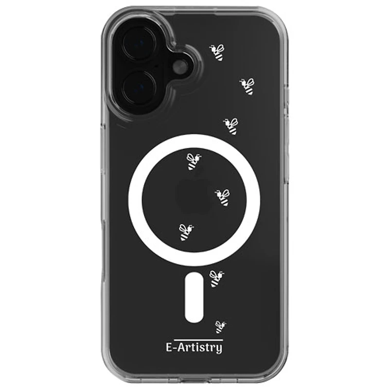 Étui rigide ajusté Signature Bee Spiral d'E-Artistry avec MagSafe pour iPhone 16 - Transparent/Blanc