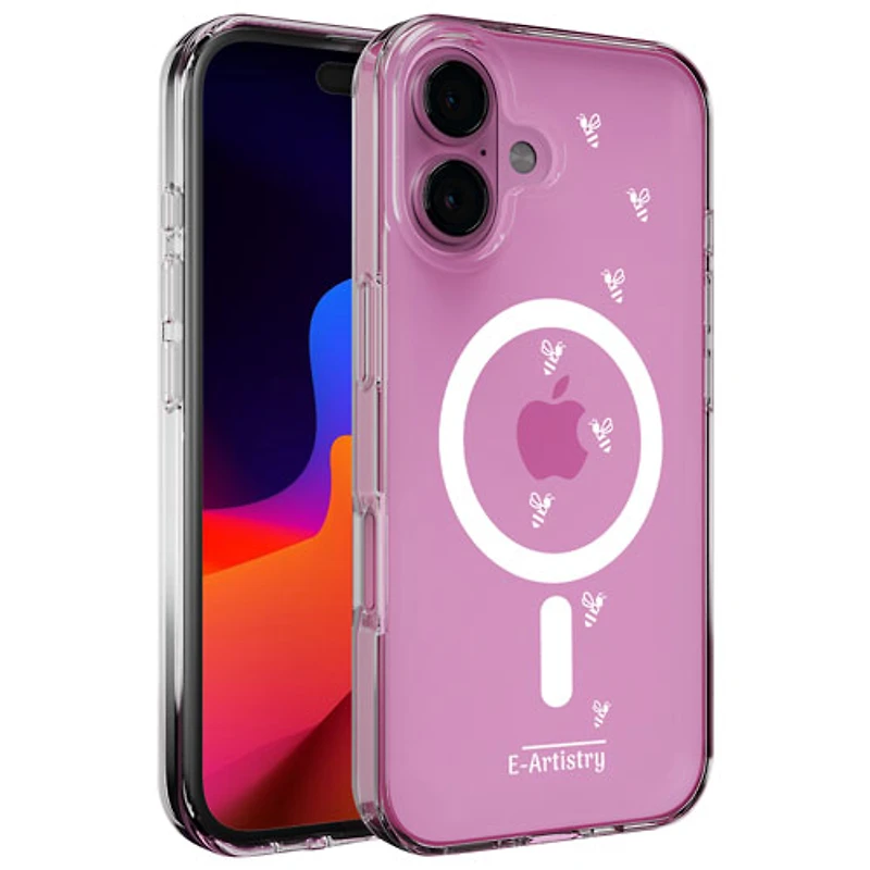 Étui rigide ajusté Signature Bee Spiral d'E-Artistry avec MagSafe pour iPhone 16 - Transparent/Blanc