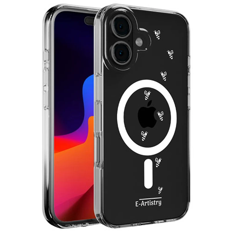 Étui rigide ajusté Signature Bee Spiral d'E-Artistry avec MagSafe pour iPhone 16 - Transparent/Blanc