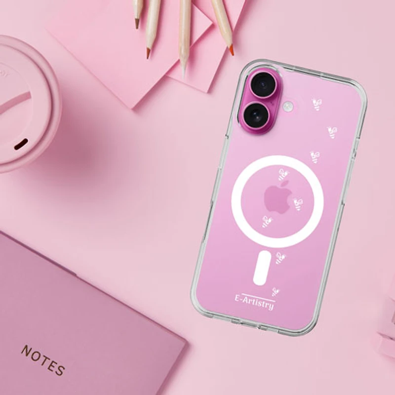 Étui rigide ajusté Signature Bee Spiral d'E-Artistry avec MagSafe pour iPhone 16 - Transparent/Blanc