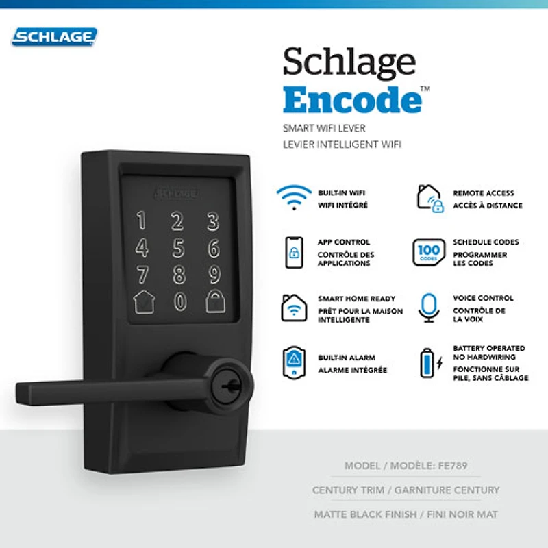 Serrure intelligente Wi-Fi Encode Latitude de Schlage avec poignée à levier - Noir mat
