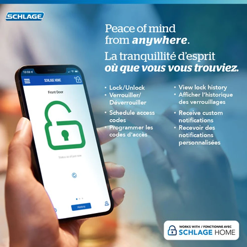 Serrure intelligente Wi-Fi Encode Latitude de Schlage avec poignée à levier - Nickel satiné