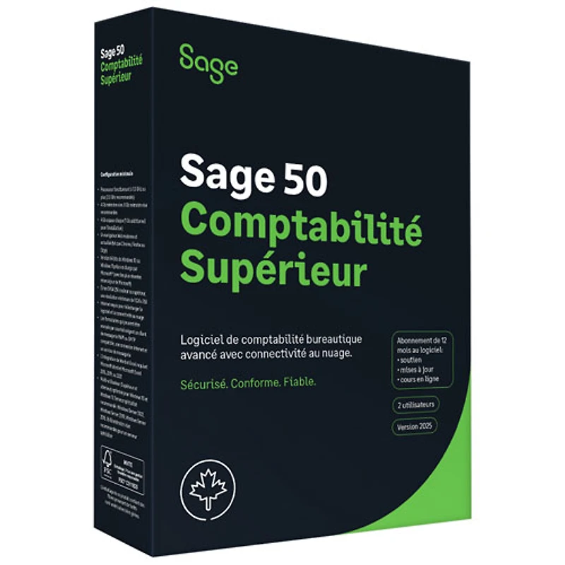 Sage 50 Comptabilité Supérieur 2025 - Abonnement d'un an - 2 utilisateurs - Bilingue