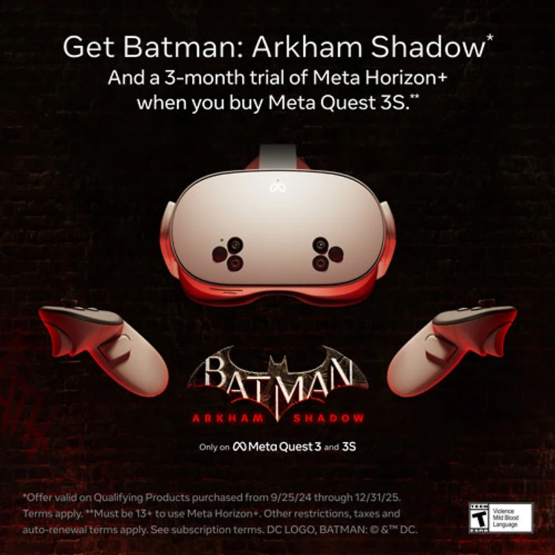Casque de réalité virtuelle de 256 Go Meta Quest 3S avec Batman: Arkham Shadow - Version d'essai de 3 mois de Meta Horizon+