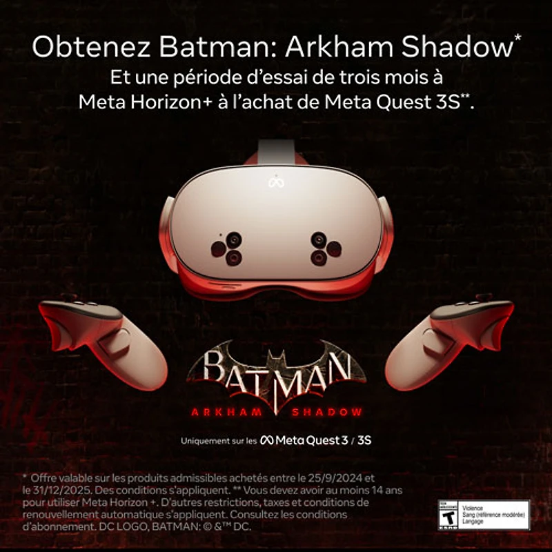 Casque de réalité virtuelle de 256 Go Meta Quest 3S avec Batman: Arkham Shadow - Version d'essai de 3 mois de Meta Horizon+