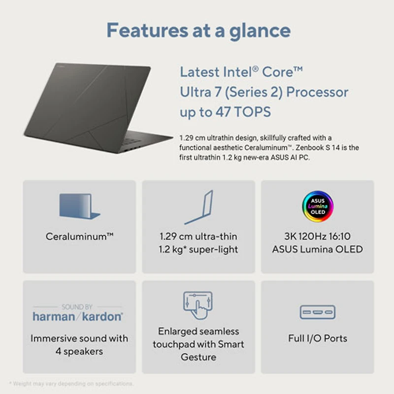 Portable à écran tactile de 14 po Zenbook S 14 d'ASUS (Core Ultra 7 (série 2) d'Intel/RAM 32 Go/SSD 1 To)