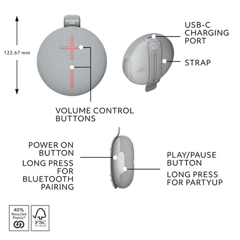 Ultimate Ears MINIROLL Waterproof Bluetooth Wireless Mini Portable Speaker - Revive Grey
