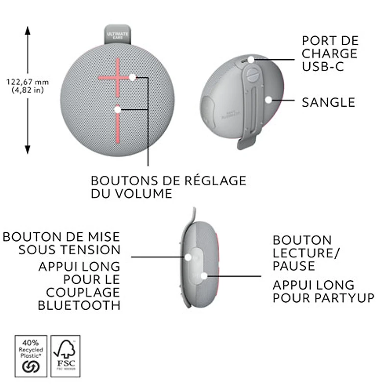 Ultimate Ears MINIROLL Waterproof Bluetooth Wireless Mini Portable Speaker - Revive Grey
