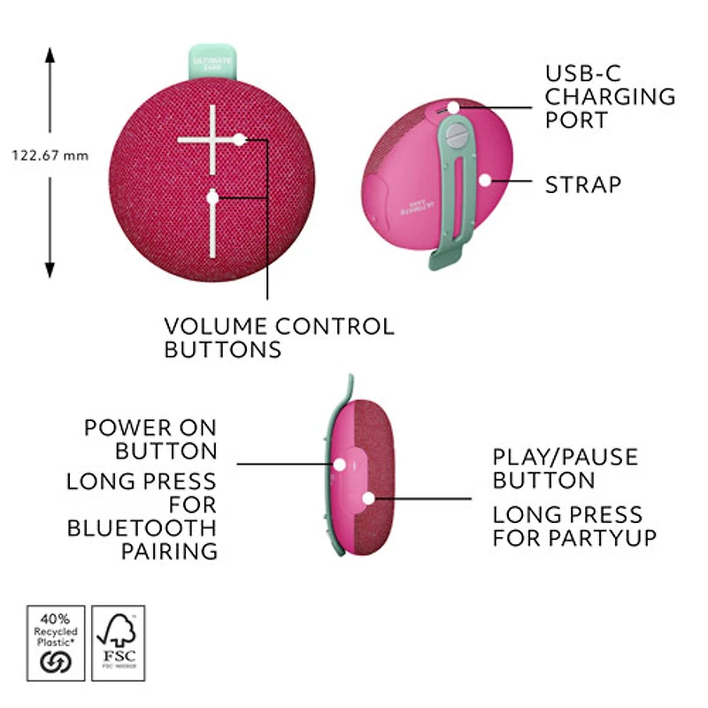Ultimate Ears MINIROLL Waterproof Bluetooth Wireless Mini Portable Speaker - Calming Pink