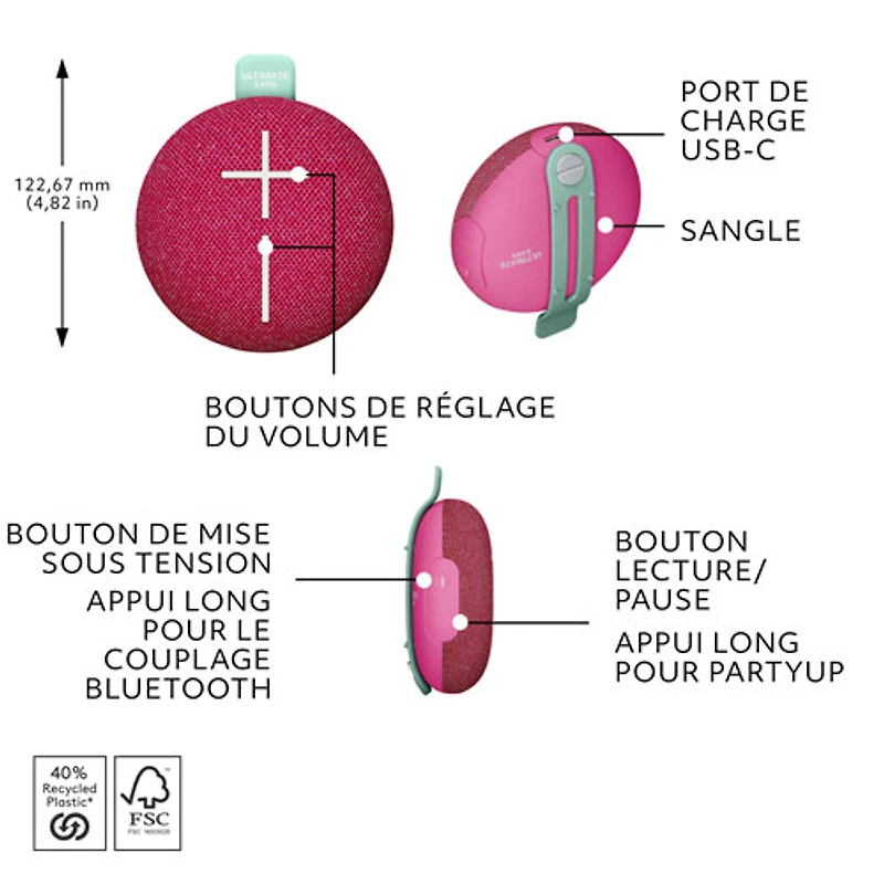 Ultimate Ears MINIROLL Waterproof Bluetooth Wireless Mini Portable Speaker - Calming Pink