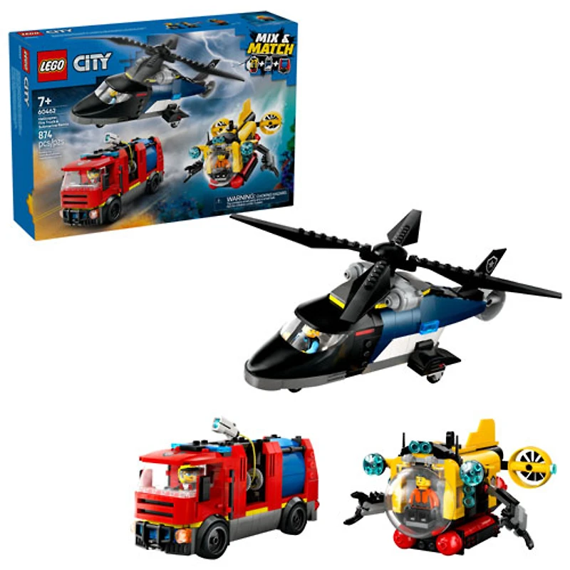LEGO City : Ensemble hélicoptère, camion de pompiers et sous-marin - 874 pièces (60462)