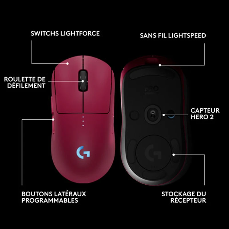Souris de jeu optique sans fil de 44000 ppp PRO 2 LIGHTSPEED de Logitech G - Magenta