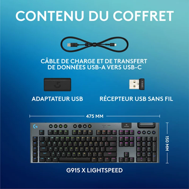 Clavier de jeu pleine grandeur sans fil rétroéclairé à commutateurs mécaniques tactiles GL G915 X LIGHTSPEED de Logitech - Noir